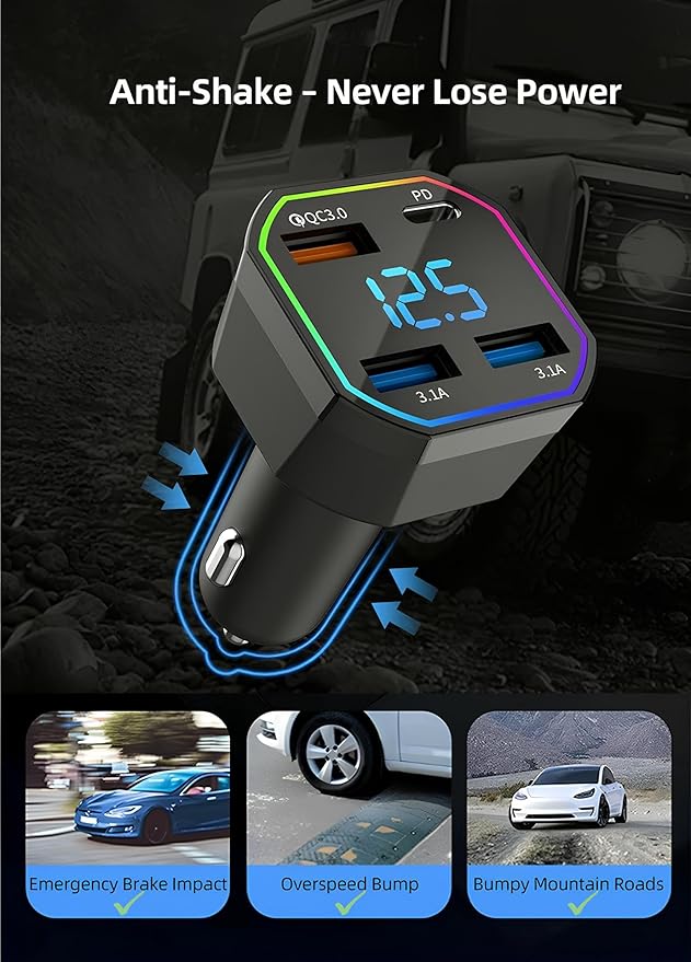 65W USB C Car Charger Adapter 4 Port Fast Charging with QC3.0 & PD2.0, Digital Display, Compatible with iPhone 16–8, Galaxy S25–S8, iPad, Pixel