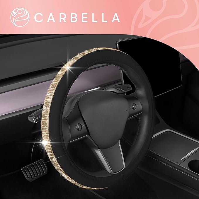 Carbella Leatherette Crystal Bling Steering Wheel Cover for Car SUV, Glitter Sparkle Rhinestone Cute Car Accessories for Women Universal Fit Standard Size (Fits 14.5"-15") - Black w/ Gold Bling