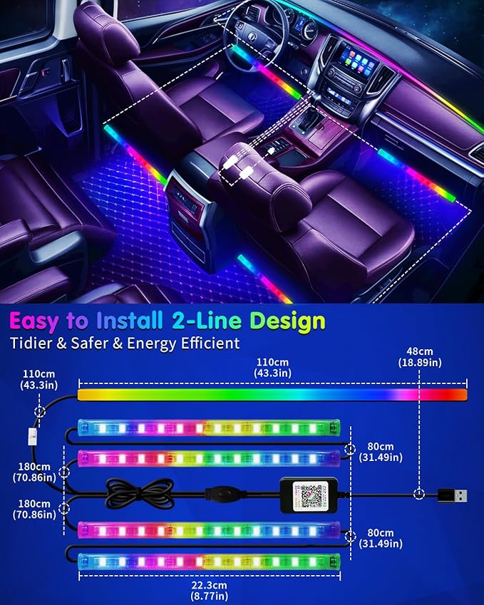 DUOFU365 Car Led Light Interior, RGB Dreamcolor Inside Light Music Sync, Under Dash Footwell Automotive Strip Light, 12V Acrylic Strip Light for Vehicle, Truck,Jeep, SUV with Car Charger(1set)