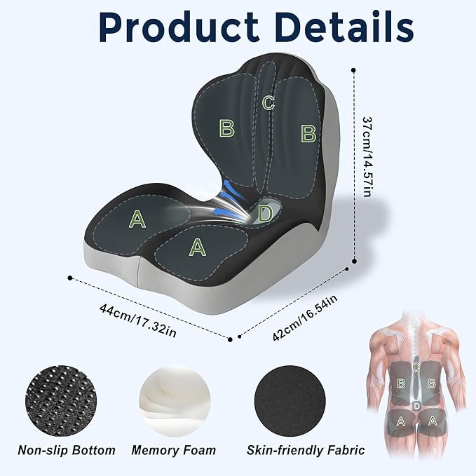 Seat Cushion for Office Chair Car, L-Shaped Ergonomic Seat Cushions,Memory Foam Orthopedic Cushion with Coccyx Hollow,Lumbar Support & Tailbone Pain Relief for Car, Truck, Home,Dark Gray & Light Gray