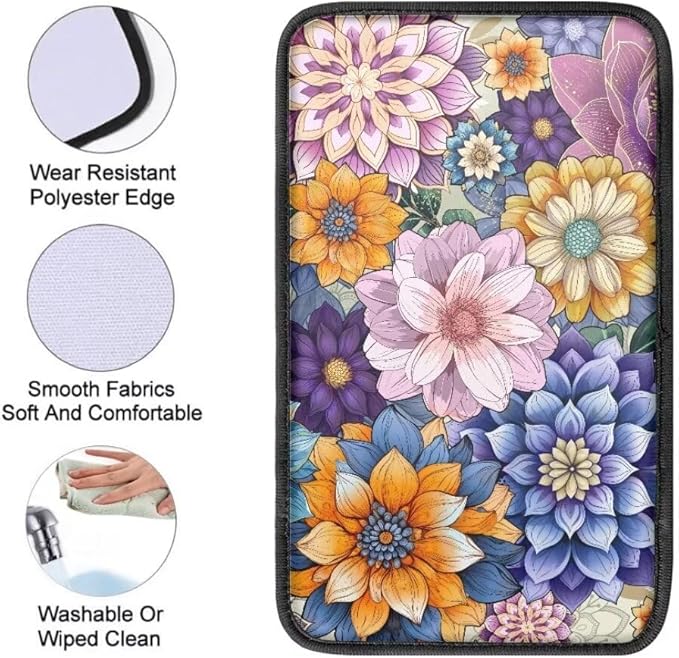 Coldinair Boho Flower Car Center Console Pad,Auto Interior Accessories Decoration,Auto Armrest Cover Protector for Most Vehicle, SUV, Truck, Car