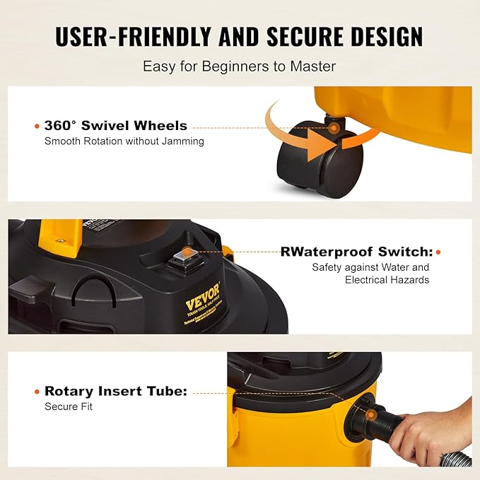 VEVOR 5 Gallon 6.0 Peak HP Wet and Dry Shop Vac， Portable Shop Vacuum and Blower 3-in-1 with Filter, Hose and Attachments for Home and Car Cleaning Black/Yellow