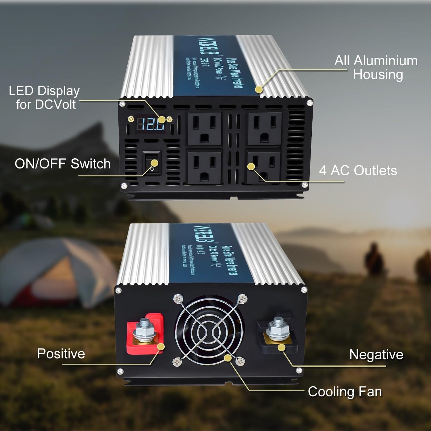 WZRELB 2000W Pure Sine Wave Inverter 36V DC to 110V 120V AC, Car Power Inverter with 4 AC Outlets, LED Display,Off-Grid Portable Power Converter for Home, RV, Truck, Camping