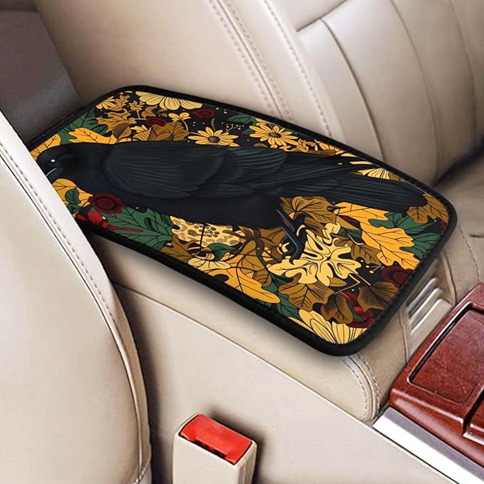Gothic Raven Vintage Floral Black Crow Car Handrail Box Cushion Armrest Cover Auto Center Console Pad Car Decor 12.6X7.5 in