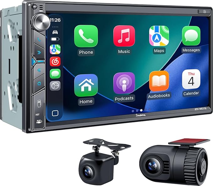 SJoyBring Double Din Car Stereo with Dash Cam, Wireless Apple CarPlay & Android Auto, 240W 4.2CHN, 7" Touchscreen, SWC, Bluetooth, FM/AM Car Radio, 2 Subwoofers Outputs, Backup Camera