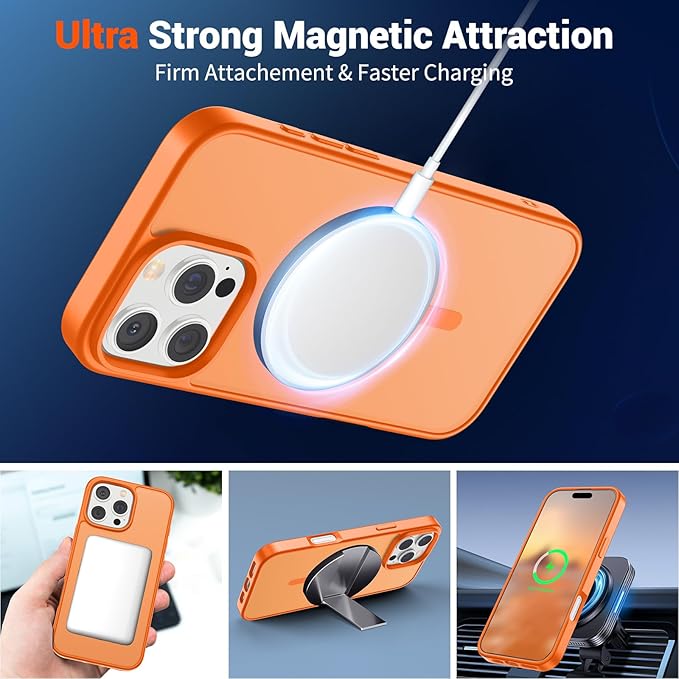 SUPFINE Magnetic for iPhone 16 Pro Case with Screen Protector (Compatible with MagSafe) (Military Grade Drop Protection) Translucent Matte Shockproof Phone Cover,Starry Orange