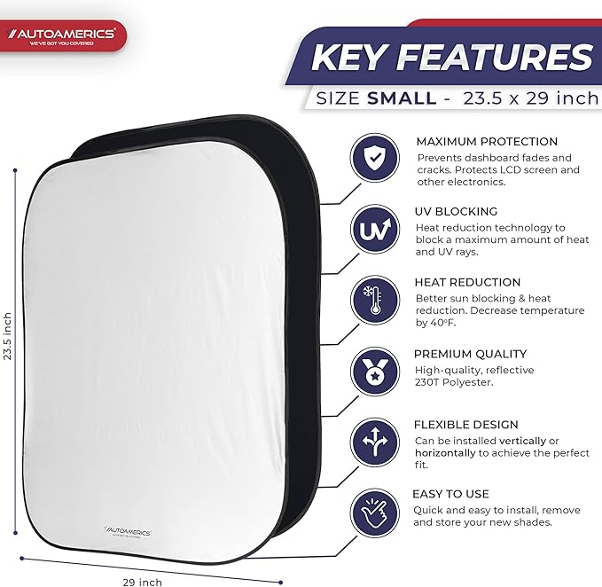 Autoamerics 2-Piece Windshield Sun Shade - Foldable Car Front Window Sunshade for Most Compact Sports Cars - Auto Sun Blocker Visor Protector Blocks 99% UV Rays and Keeps Your Vehicle Cool - Small Fit