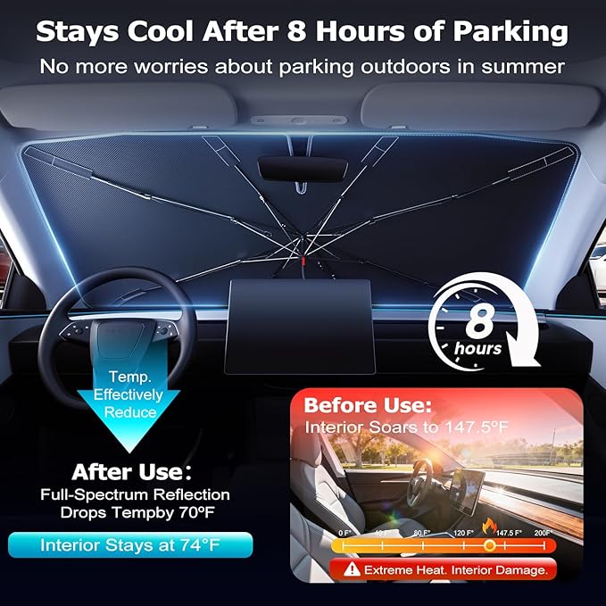 [Upgraded] DooGooCoo Windshield Sun Shade Umbrella - Small, Car Sunshade for Front Windshield [UV Block & Heat Shield], Keep Car Cooler & Protect Interior Sun Shade for car Windshield (52"x31")