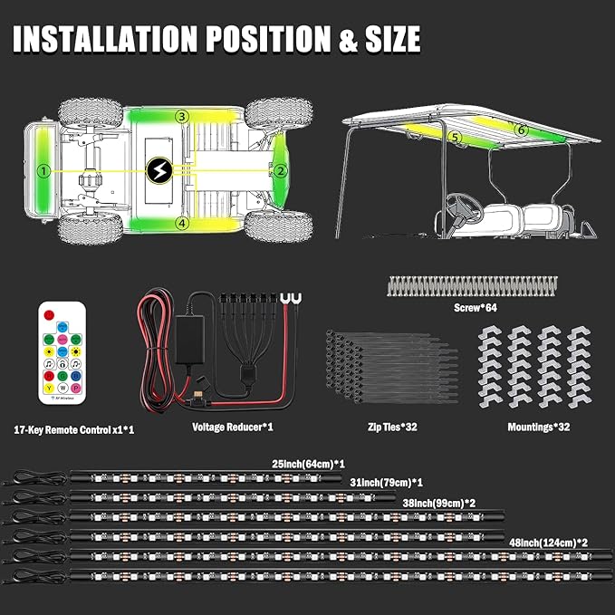 6PCS Golf Cart Underglow LED Light Kit with Built-in 12V-80V Reducer & Canopy Lights, APP & Remote Control, Sound Active Music Sync, IP67 Waterproof, Battery Drain Protect, for EZGO Yamaha Club Car