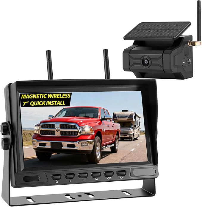 Magnetic Solar Wireless Backup Camera for Trailer: No Wiring Quick Install 7" HD 2-Split Monitor Rechargeable Battery IP68 Rearview Camera System for RV Truck Camper Horse Trailer Camera