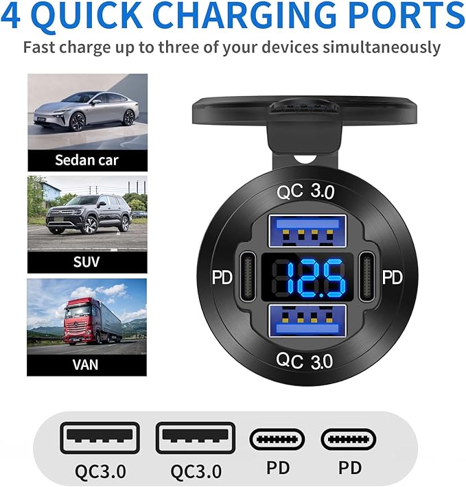 2 Pack 12V USB Outlet 4 Port Car Charger Socket, 78W Dual PD USB C and Dual Quick Charge 3.0 Port Aluminum Charger with Voltmeter DIY Kit Waterproof for Car Boat Marine Motorcycle RV ATV Truck, etc