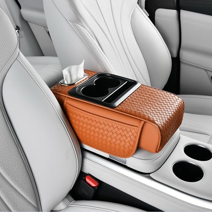 Car Armrest Cushion Cover Car Center Console Memory Foam Booster Pad with Storage Pocket and Tissue Hole for Sedan Vehicle (Cupholder - Orange, 13.39 * 7.68 * 2.95'' / 34 * 19.5 * 7.5cm)