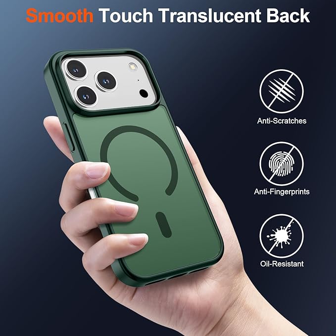 SUPFINE Magnetic for iPhone 17 Pro Case (Compatible with MagSafe)(Military Grade Drop Protection) Translucent Matte Shockproof with Anti-Fingerprint Phone Cover,Forest Green