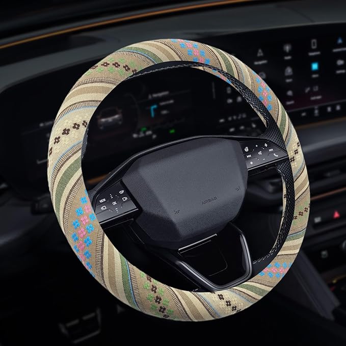 Boho Steering Wheel Cover, Steering Wheel Cover Women, 15 inch Hippie Style Protector Covers, Universal Ethnic Flax Cloth Car Accessories Universal for SUV Van Truck (Hippie-G)