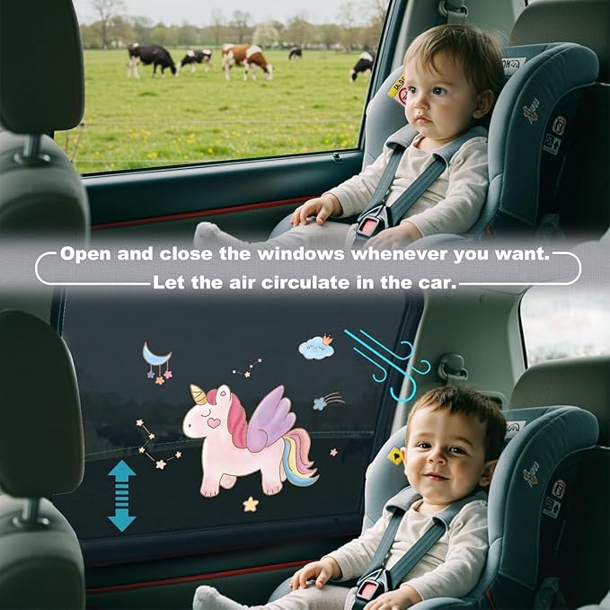 Car Window Shades for Baby, 2 Pack Car Sun Shades with UV Protection, Universal Fit Stretchable Side Window Sunscreen Sun Shades with Unicorn Motifs, Rear Window Shades for Kids