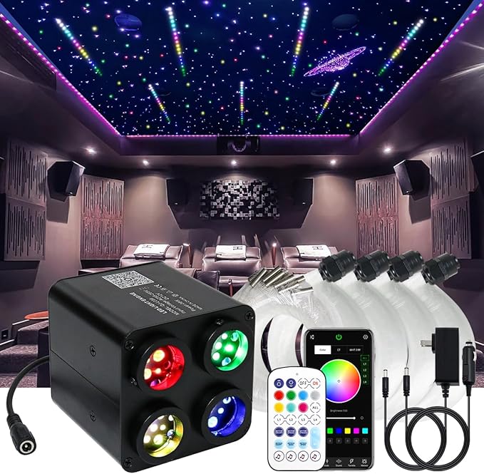 AKEPO 36W 4 Color Twinkle Fiber Optic Starlights Headliner Lights Kit, Optical Fibers Music Sync Bluetooth APP Control Starlight Kit, 2000pcs*13.1ft +240pcs Colorful Shooting Star