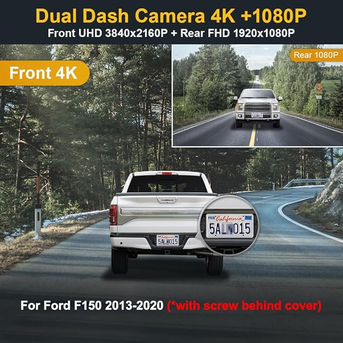 Fitcamx Front 4K +Rear 1080P Dash Cam Adapts for Ford F150 2013-2020, with Screw Behind Your Cover (HD2-6275), OEM Style, Dual HD Video, WiFi & APP, Loop Recording, G-Sensor, Easy to Set, 128GB Card