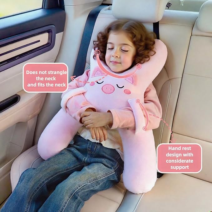Car Pillow for Travel – Animal-Themed Car Seat Cushion with Safety Belt Protector – 4 Cute Styles: Pig, Dog, Rabbit, Panda (Rabbit)