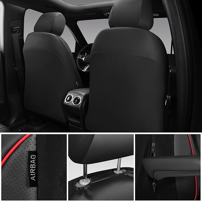 CAR PASS 3D Foam PU Leather Car Seat Covers, Universal Seat Covers Front 2 for Trucks SUV Sedan Automotive Seat Covers Armrest Airbag Compatible Waterproof Comfortable Faux Nappa Leather Black Red