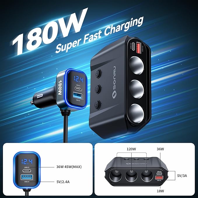 7 in 1 Cigarette Lighter Splitter,SONRU 180W (Max 192W) Cigarette Lighter Adapter with Dual PD 36W/QC3.0 Charge,24V/12V Car Charger Adapter(3.7FT Cable),Independent Switches & LED Voltage Display