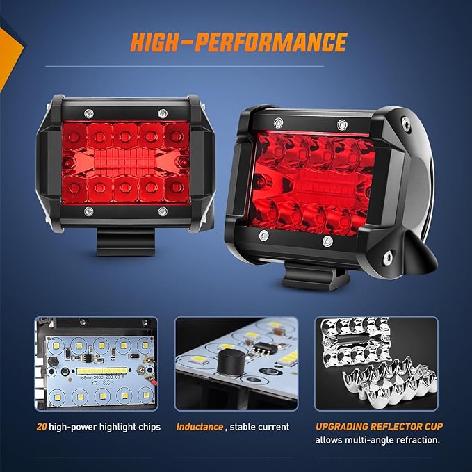 Nilight 4 inch LED Light Pod Red Triple Row 2PCS 60W Flood Spot Combo Driving Fog Lights Fishing Hunting Emergency Safety Signal Deck Trailer Lighting for UTV Pick-up Van Boat Tractor