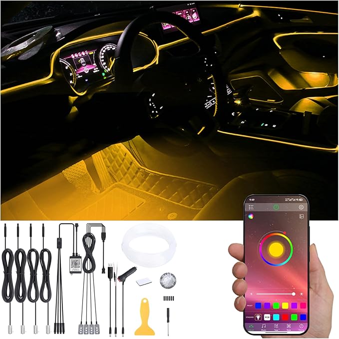 5 Meters Optic Fiber Car Ambient Footwell Lighting with Bluetooth App Control 64 Colors Multicoloured Music Interior Lighting Kit DC 12V 1W
