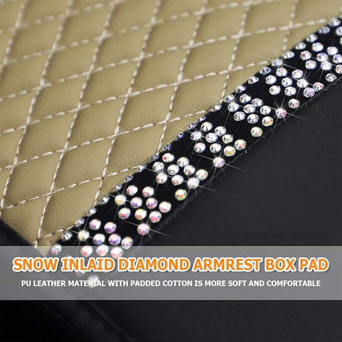 Bling Leather Car Center Console Cover, Car Center Console Protector With Glossy Crystal Rhinestone, Universal Waterproof Car Armrest Seat Box Cover For Most Car, Vehicles, SUVs, Trucks (Beige)