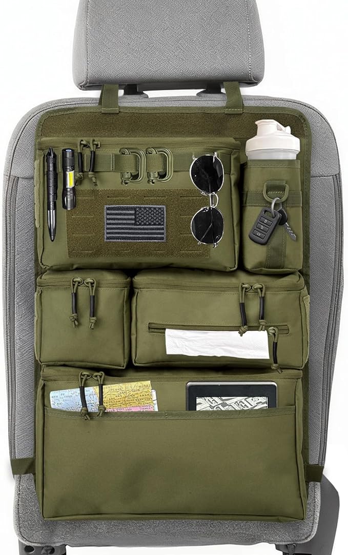 Tactical Seat Back Organizer Heavy Duty MOLLE Panel Organizer with Multiple Pockets & Hook Loop Panel for Road Trip Essentials, Universal Fit for Car SUV Truck Jeep (Army Green)