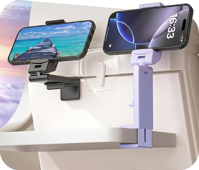 Perilogics Airplane Phone Holder Mount Universal in Flight Hands Free Viewing with Multi-Directional Dual 360 Degree Rotation (Black/Lavender)