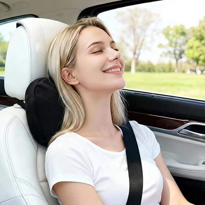 2PCS Car Pillow for Car Neck Pillow for Driving Seat Neck Support Soft Cushion Back Support Head-Rests for Vehicle Sleeping with Elastic Adjustment Strap (Black, Head)