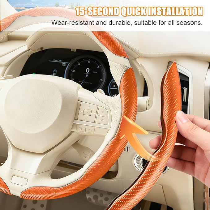 3PCS Carbon Fiber Car Steering Wheel Cover, Leather Segmented Anti-Skid Steering Wheel Protector, Snap on Automotive Interior Protection Accessories, Universal for Vehicles (Orange)