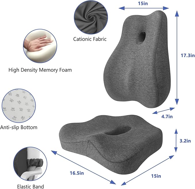 Seat Cushion & Lumbar Support Pillow Set for Office Chair, Ergonomic Pillow for Sciatica Pain Relief, Memory Foam Back Support Pillow & Chair Cushion for Car seat, Desk Chair (Grey)