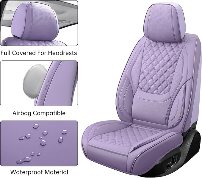 Car Seat Covers Front Seats Purple, Luxury Faux Leather Waterproof Non-Slip Women Seat Protector Universal Fit for Most Cars SUVs Trucks Pick-ups,Car Interior Accessories (Light Purple-Front Seats)
