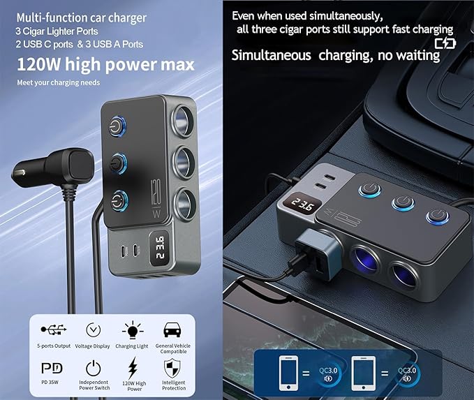 8 in 1 Cigarette Lighter Splitter, 3 Socket Car Charger Adapter, Type-C QC3.0 PD35W 5 USB C/A Fast Charging Port,12V/24V Input 120W Outlet with Built-in Protecter, Zero Risk to Car Battery & Devices