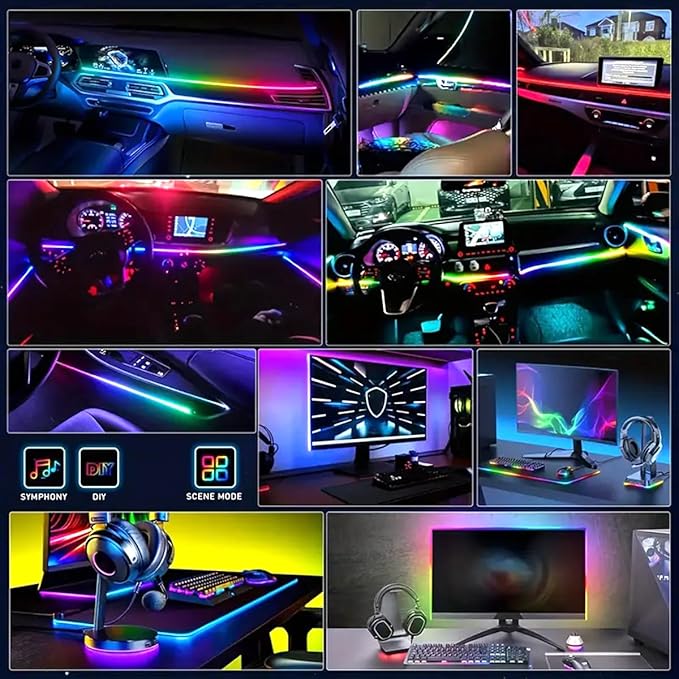Interior Car Ambient Lighting Kit, 43.3 Inches RGB USB LED Ultrathin Acrylic Strip Lights Neon Accessories for Cars Truck SUV Center Console Dashboard with APP&Remote Control