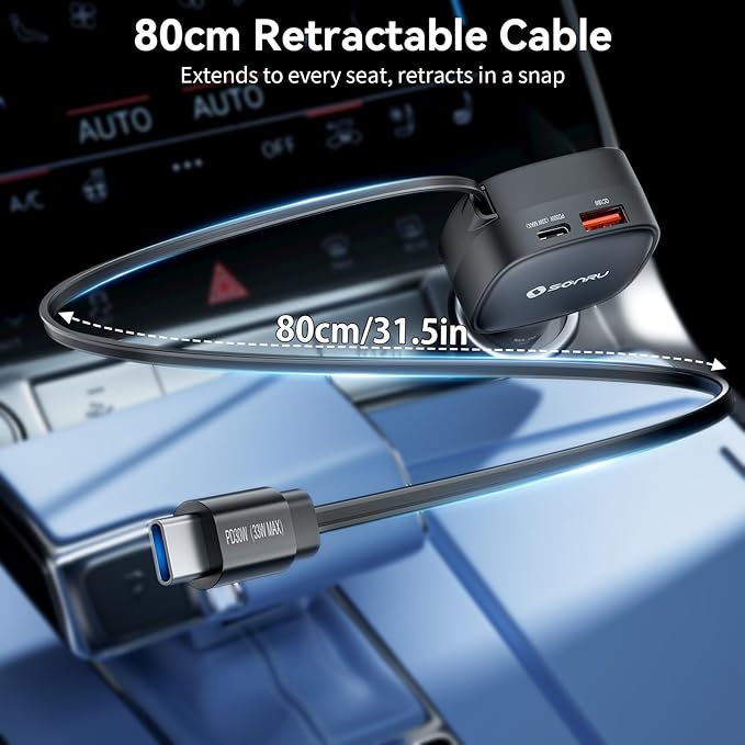 84W Max Retractable Fast Car Charger, Dual PD 33W USB C Car Charger, Cigarette Lighter Adapter with Built-in Retractable Cable for iPhone15/16/17, Samsung, Android, Equipped with a 31.5 inch Cable
