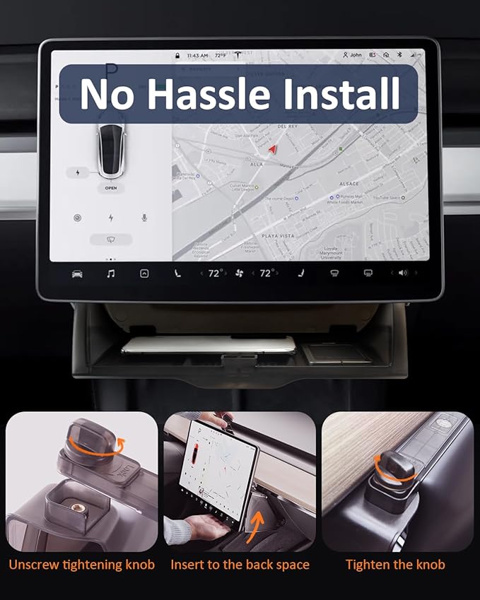Hidden Under Screen Storage for Tesla Model Y 2020-2026 Juniper Interior Accessories, Model 3 Highland Center Console Organizer with Push-Latch & Dampers, Smooth Opening, Rattle-Free, 2 Black Mats
