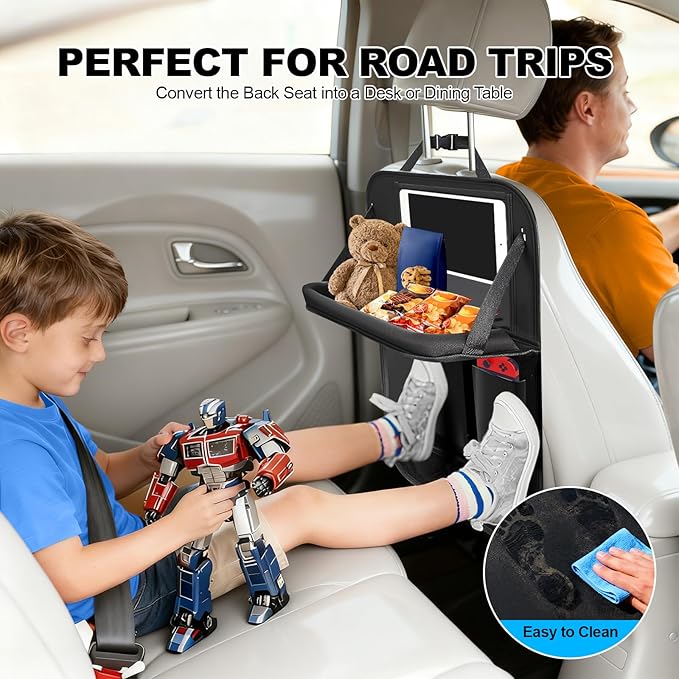 Car Backseat Organizer: Back Seat Storage Organizer for Kids with Tablet Holder, Heavy Duty Back Seat Protector with Foldable Table Tray, Kick Mats w/Pockets, Road Trip Essentials, 2 Count
