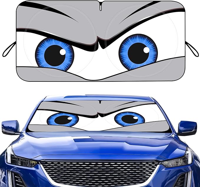 Car Windshield Sun Shade, Funny Eyes Sun Visor, Wear-Resistant Black Tape, Foldable 59‘’x27.5‘’/63''x31.5''