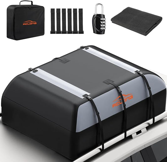 ACLONG 21 Cubic Feet Car Roof Bag 840D Waterproof Rooftop Cargo Carrier Bag for All Cars with/Without Racks Includes Anti-Slip Mat Storage Bag Combination Lock 6 Door Hooks