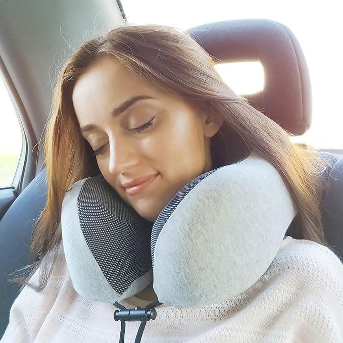 napfun Neck Pillow for Traveling, Upgraded Travel Neck Pillow for Airplane 100% Pure Memory Foam Travel Pillow for Flight Headrest Sleep, Portable Plane Accessories, Light Gray Kit