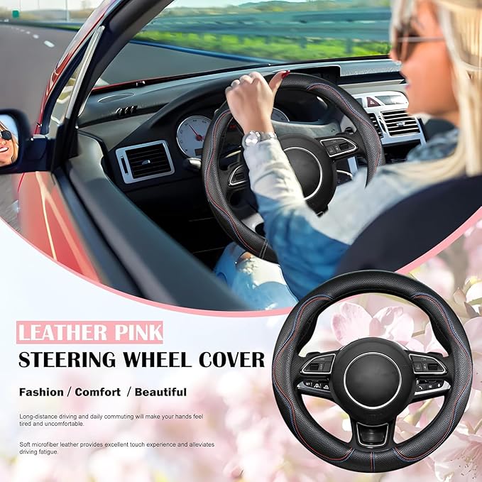 SuperKaKa Car Steering Wheel Cover 2025, Universal Auto PU Cute Breathable Slip-Proof Comfort Imitation Leather Protector Cars Interior Accessories for Women Men Fit Most Vehicle (Black)