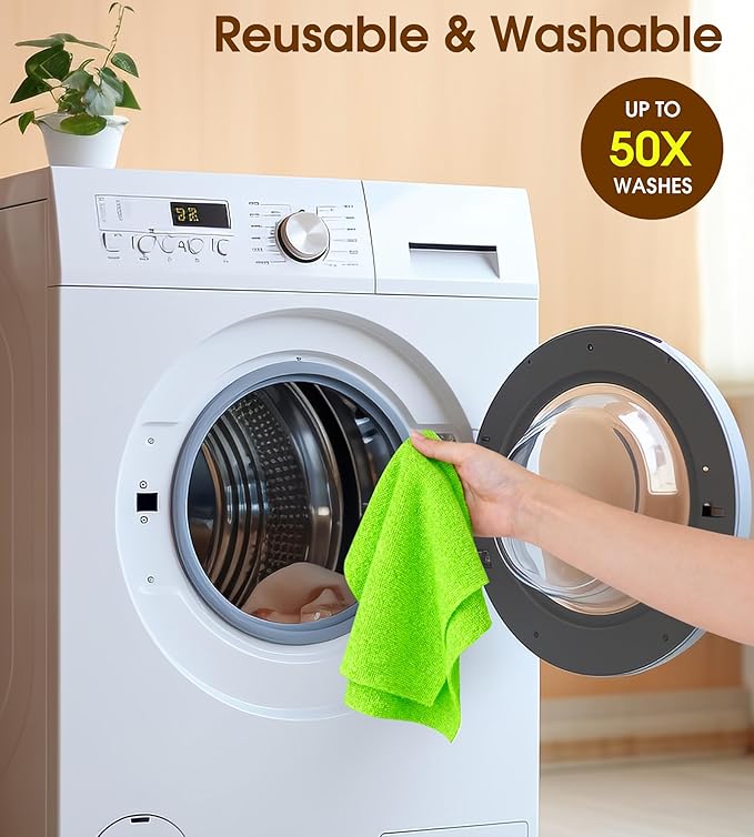 KitchLife Microfiber Cleaning Cloth Roll, 100 Pack - Tear-Away Microfiber Paper Towels, Lint-Free, Reusable, Washable for Kitchen, Car, Dishes, and Sensitive Surfaces (Neon Green)