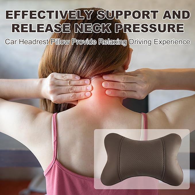 2 Pack Car Neck Pillow PU Leather Automotive Headrest Pillow for Car Support Neck Pain Relief Universal Car Pillow (Brown)