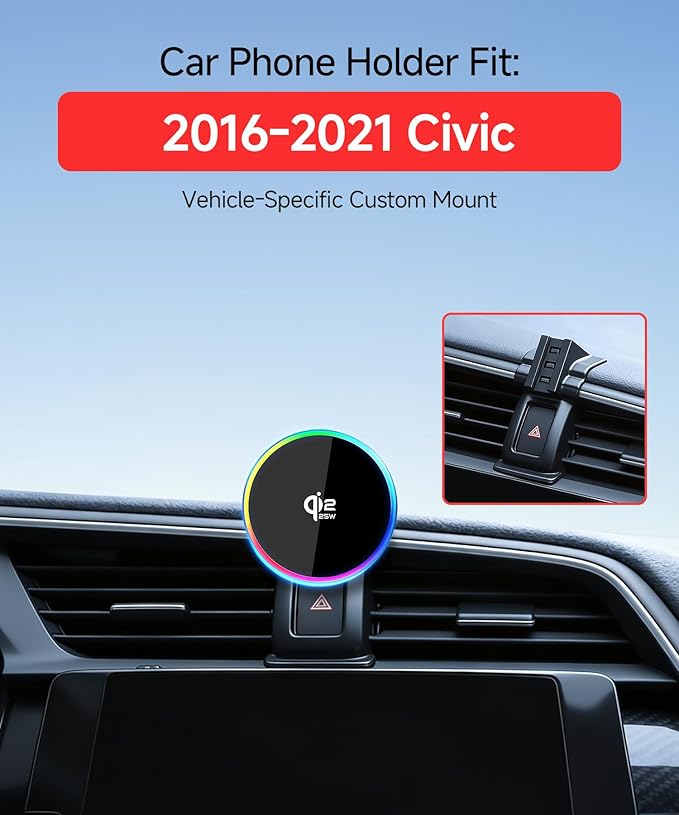 Qi2.2 Max 25W Fast Wireless Car Charger Phone Holder for 2016-2021 Honda Civic Accessories, 360° Rotation Phone Mount Compatible with MagSafe, Cell Phone Holder Does Not Affect Air Vent