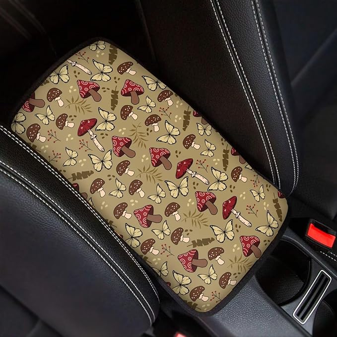 UNICEU Mushroom Butterfly Print Car Center Console Armrest Cushion Cover Neoprene Soft Auto Interior Decor Armrest Box Protector Cover Pad