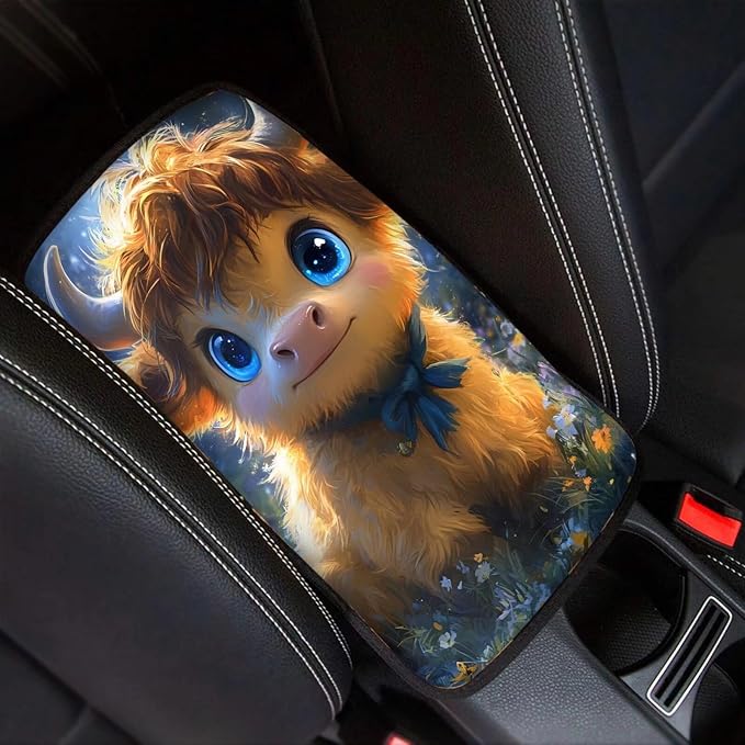 Dreaweet Center Console Cover Cute Highland Cow Car Accessories for Women Girly Universal Car Armrest Cover for Truck SUV Sedan,Soft Comfy Car Arm Rest Cover Pad