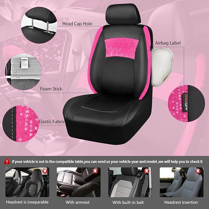 CAR PASS Universal Leather Pink Lace Car Seat Covers Full Set for Women Girls, Waterproof Car Floor Mats Carpet, Steering Wheel Cover for Car Accessories Interior Sets 10PCS Included