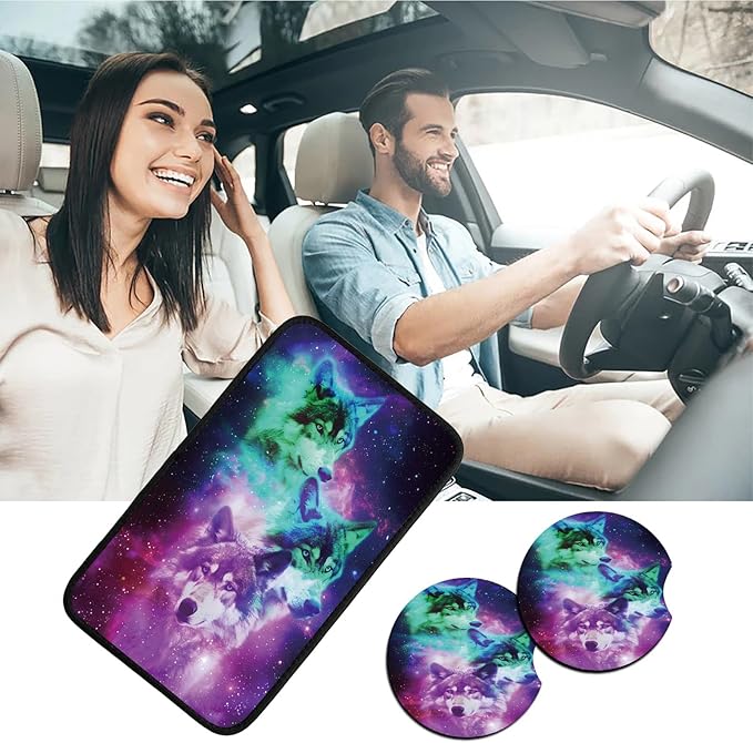 Car Armrest Cover Pads Universal Fashion Cute Auto Center Console Armrest Cover Pad with 2PCS Car Coasters Soft Waterproof Car Armrest Seat Protector for Women, Galaxy Three Wolves