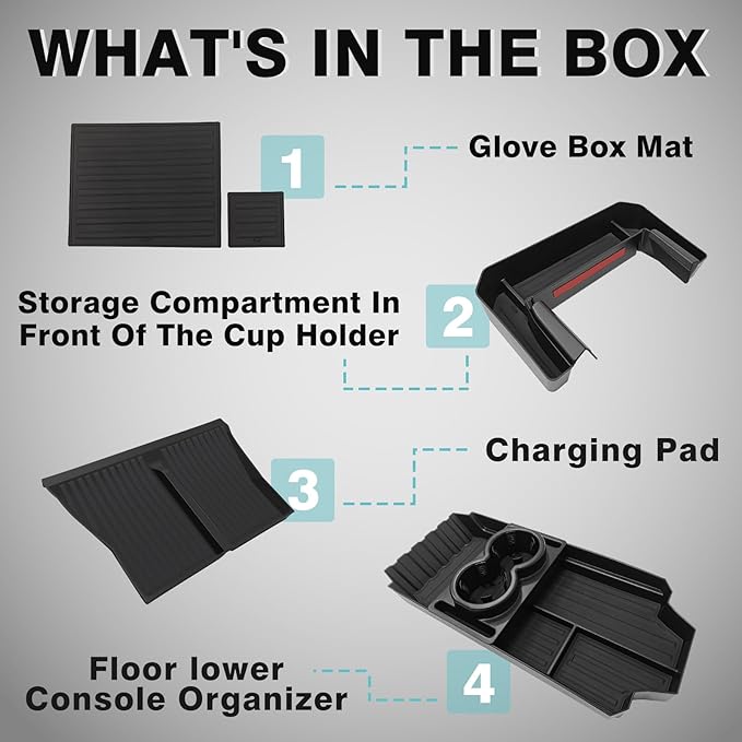BestEvMod Floor Console Organizer & Cup Holder Front Organizer& Glove Box Mats Set of 2 Compatible with Tesla Cybertruck 2026 2025 2024 (Floor Lower+Cup Holder FrontCharge Pad Cover+Glove Box Mats)